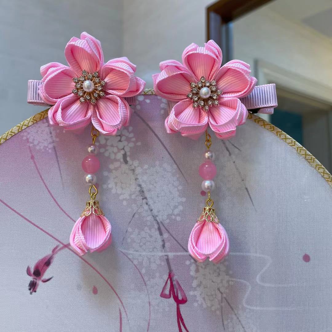 Ancient Style Han Chinese Clothing Hair Accessories Beaded Barrettes Tassel Flowers Children's Japanese Style Girl Baby Headdress Tang Suit Side Clip