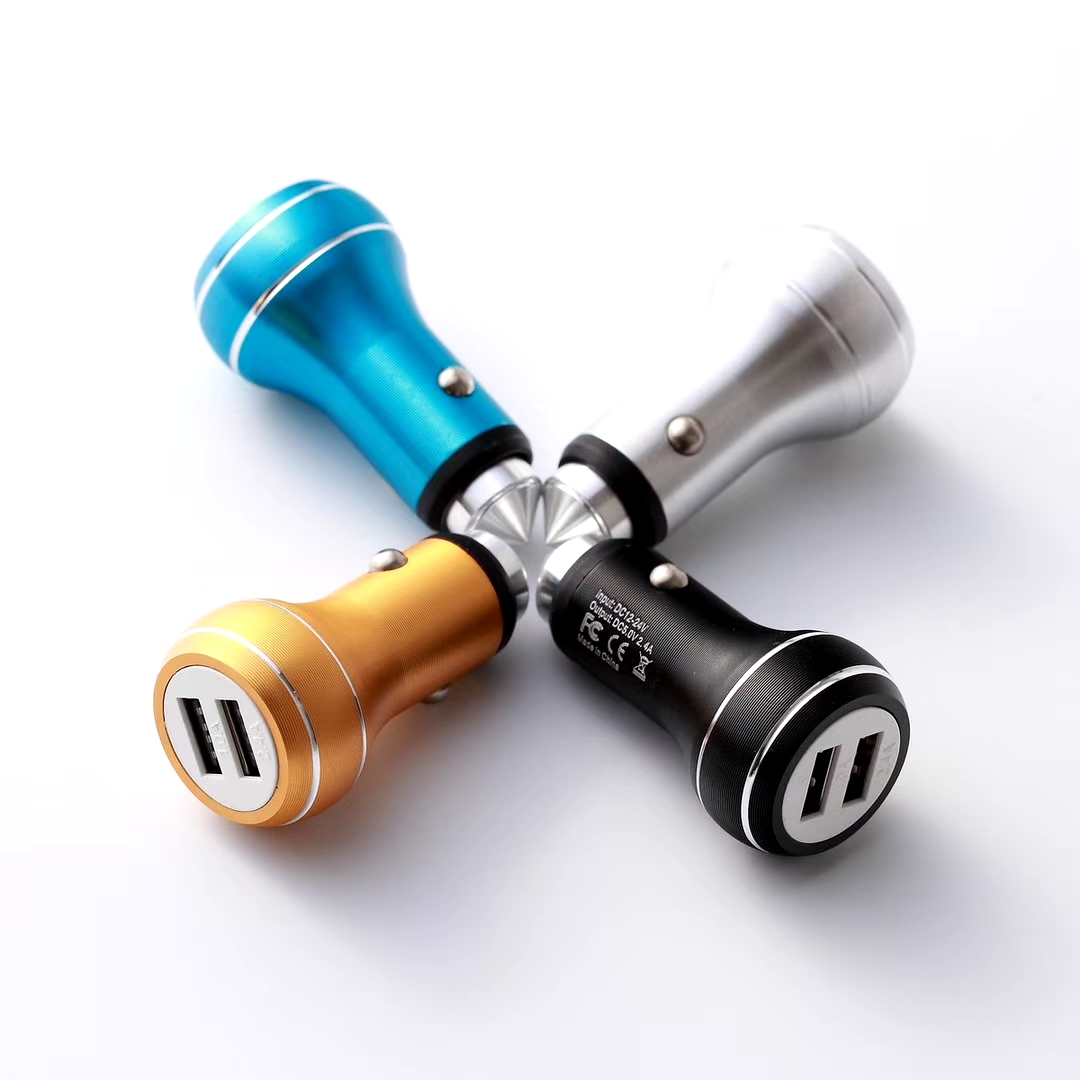 New Double USB Safety Hammer Car Phone Charger 2.4A Car Charger Aluminum Alloy Striped Cigarette Lighter Custom Logo