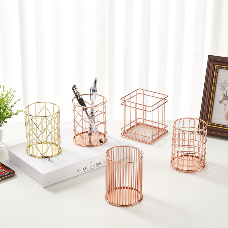 Iron Art Pen Holder Office Storage Organizing Basket Stationery Makeup Brush Storage Bucket Multifunctional Pen Case