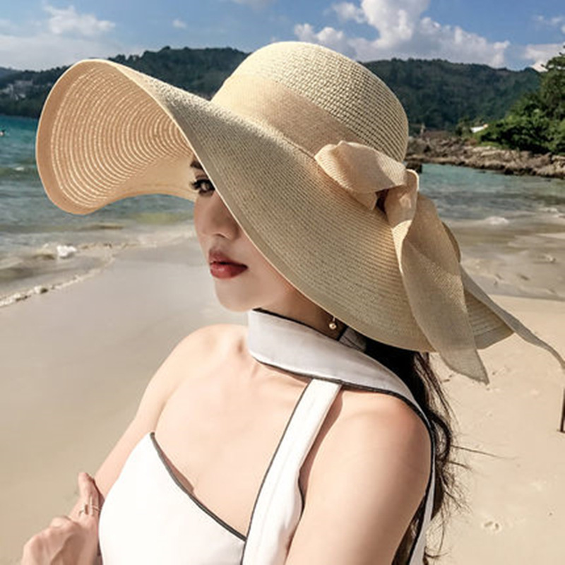 Korean Style Beach Straw Hat Women&#039;s Summer Seaside Big Brim Sun Protection Sun Shade Outing All-Matching Wide Brim Summer Hat Sun Summer