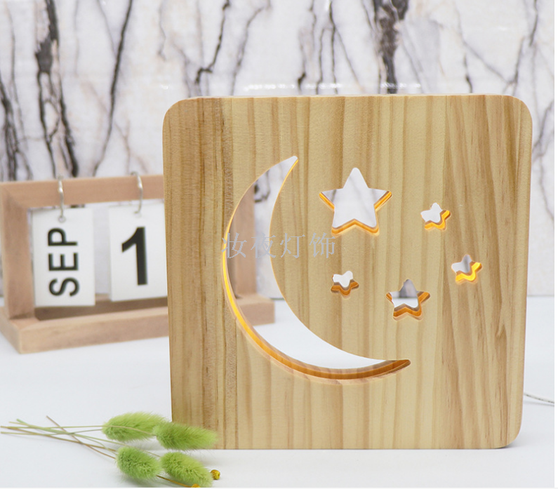 Cross - border products small wooden desk lamp star moon modeling creative wood lamp support customization Cross - border products small wooden desk lamp star moon modeling creative wood lamp support customization