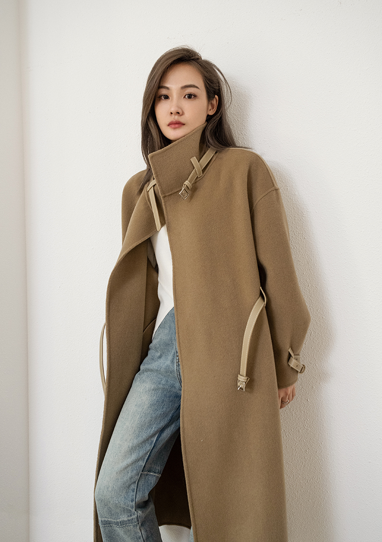2021 Autumn and Winter New Reversible Cashmere Coat Women's Bearing Leather Patchwork Mid-Length Lazy Noble Woolen Coat for Women