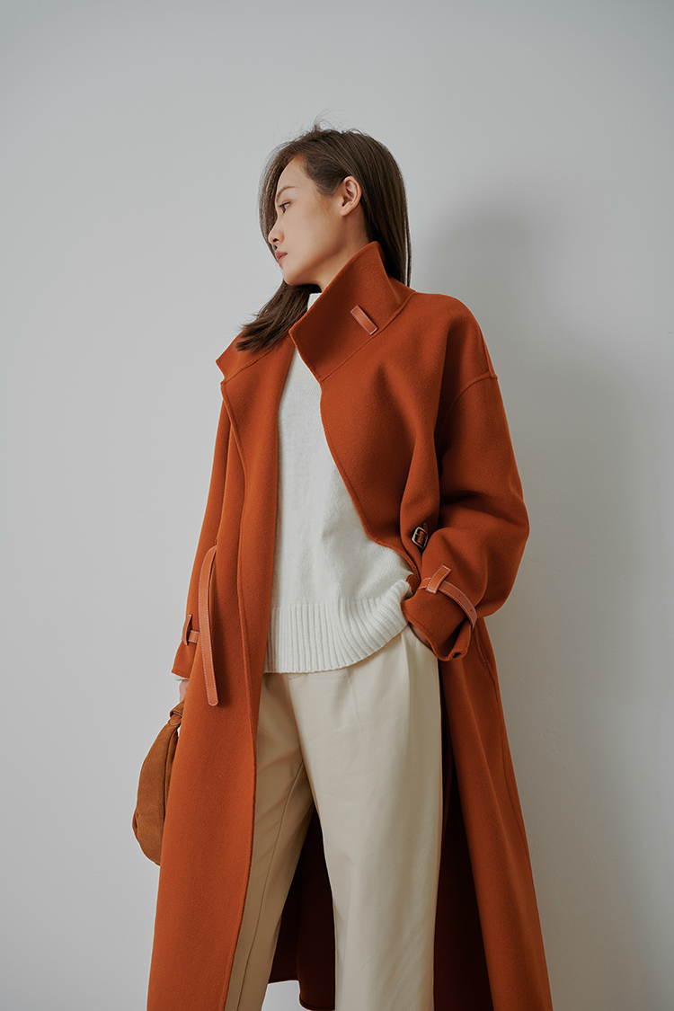 2021 Autumn and Winter New Reversible Cashmere Coat Women's Bearing Leather Patchwork Mid-Length Lazy Noble Woolen Coat for Women