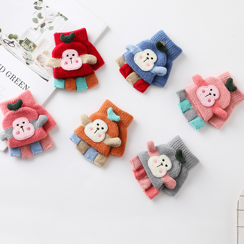 Factory Direct Supply Children&#039;s Gloves Winter Boys and Girls Cute Warm Half Finger Cap Knitted Children&#039;s Gloves