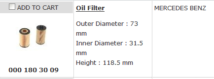 Oil Filter 000 180 30 09 Oil Filter 000 180 30 09