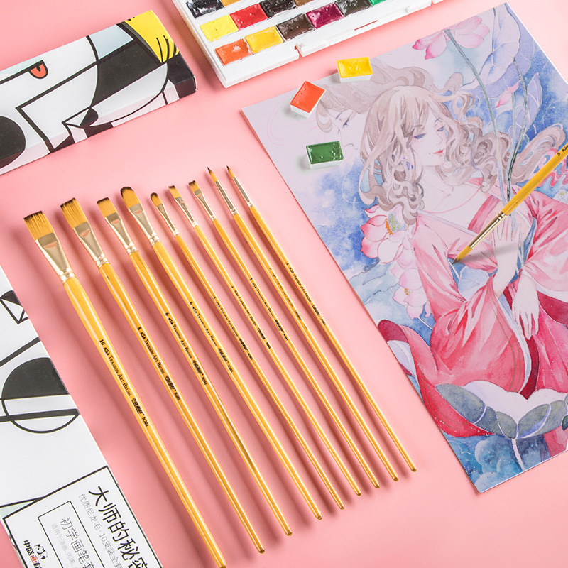 Transon Painting Materials N201 Yellow Rod Golden Nylon Gouache Oil Painting Acrylic Watercolor Brush 10 Sets