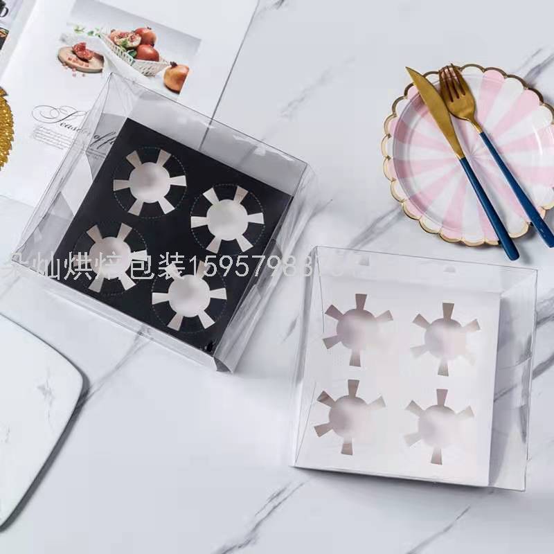 4 Cups Black Transparent Cake Box Cup Cake Packaging Box Paper Cup Transparent Plastic Dessert to-Go Box