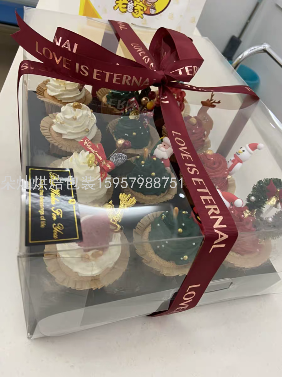 12 Cups Black Transparent Cake Box Cup Cake Packaging Box Paper Cup Transparent Plastic Dessert to-Go Box