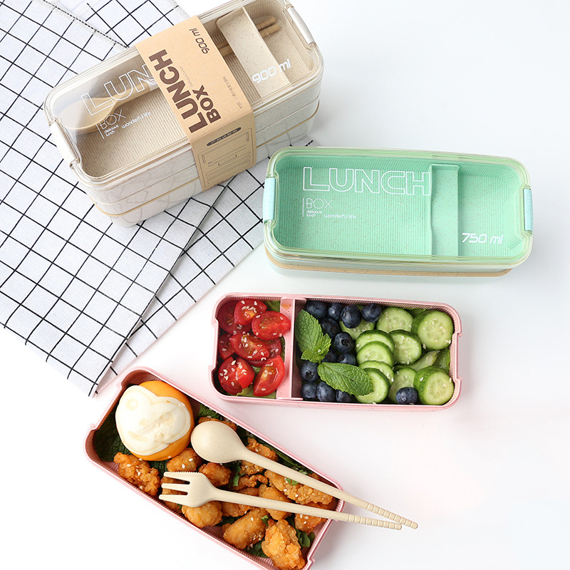 Square Double Three-Layer Wheat Straw Fiber Plastic Lunch Box Student Adult Lunch Box Tape Tableware Customization