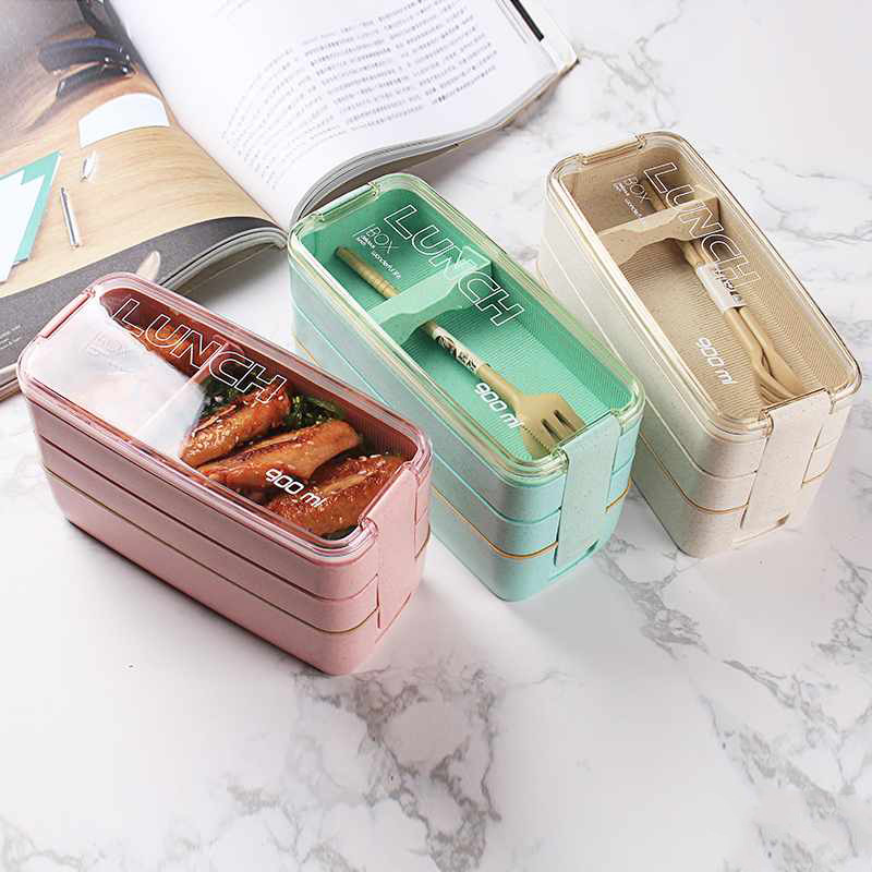 Square Double Three-Layer Wheat Straw Fiber Plastic Lunch Box Student Adult Lunch Box Tape Tableware Customization