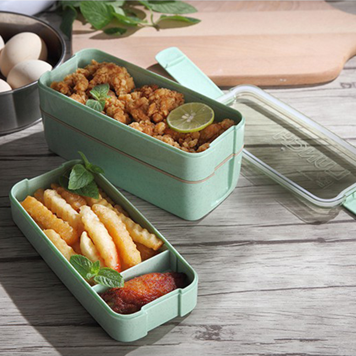 Square Double Three-Layer Wheat Straw Fiber Plastic Lunch Box Student Adult Lunch Box Tape Tableware Customization