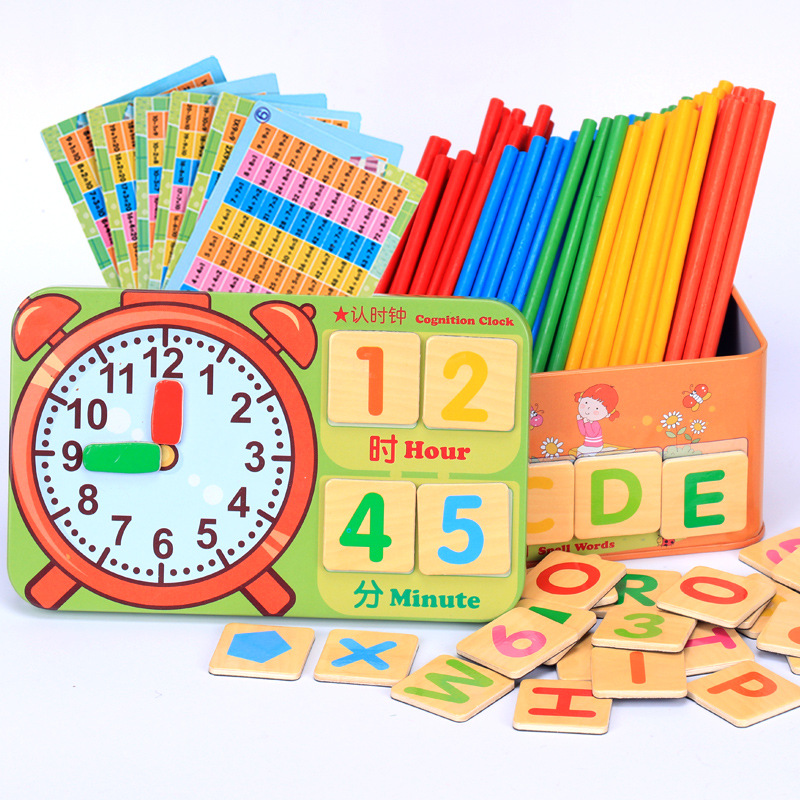 Iron box for children&#039;s arithmetic rod counting bar children&#039;s math teaching magnetic alarm clock toy.