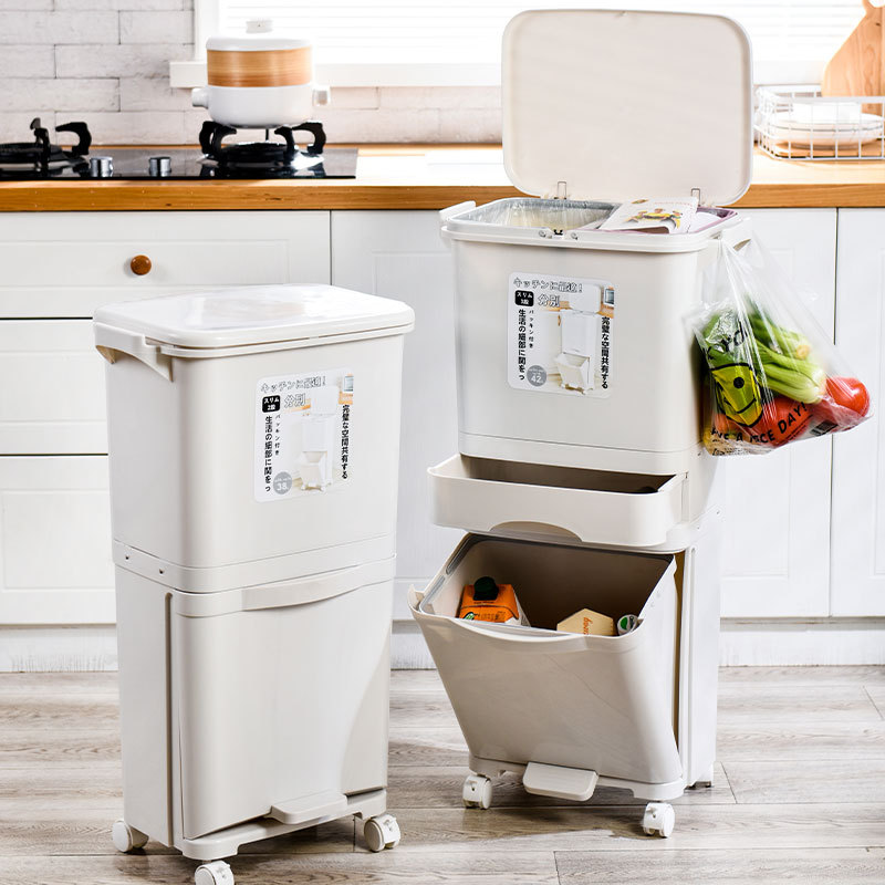 Japanese-Style Household Kitchen Wet and Dry Classification Trash Can Large Double-Layer Storage Bucket Plastic Tape Pulley Trash Can