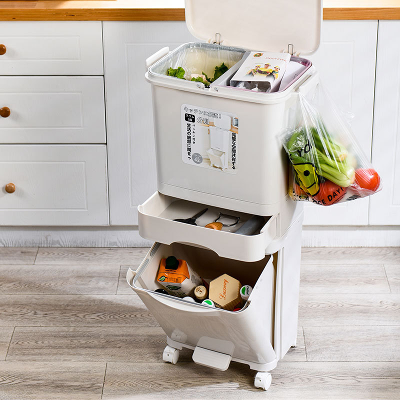 Japanese-Style Household Kitchen Wet and Dry Classification Trash Can Large Double-Layer Storage Bucket Plastic Tape Pulley Trash Can