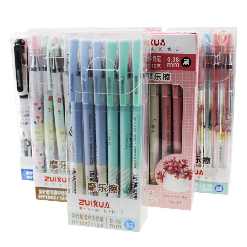 12 PCs/Boxed Moyi Erasable Gel Pen Ball Pen Magic Friction Pen 0.38 Black/Blue 0.5 Grinding Brush Student Pen