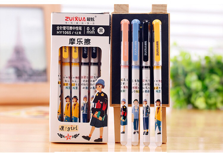 12 PCs/Boxed Moyi Erasable Gel Pen Ball Pen Magic Friction Pen 0.38 Black/Blue 0.5 Grinding Brush Student Pen