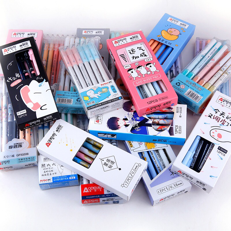 12 PCs/Boxed Moyi Erasable Gel Pen Ball Pen Magic Friction Pen 0.38 Black/Blue 0.5 Grinding Brush Student Pen