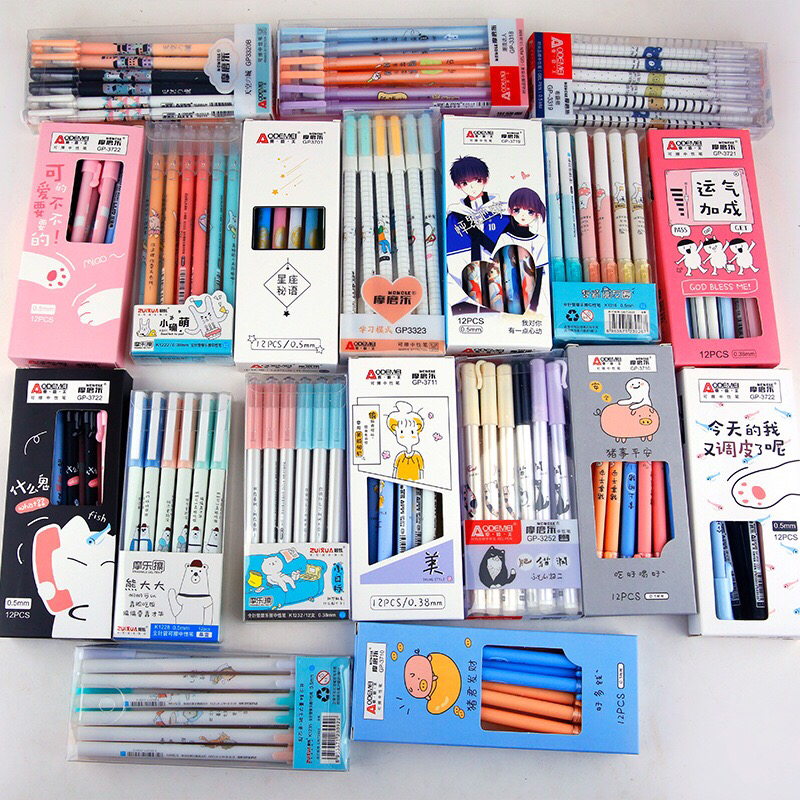 12 PCs/Boxed Moyi Erasable Gel Pen Ball Pen Magic Friction Pen 0.38 Black/Blue 0.5 Grinding Brush Student Pen