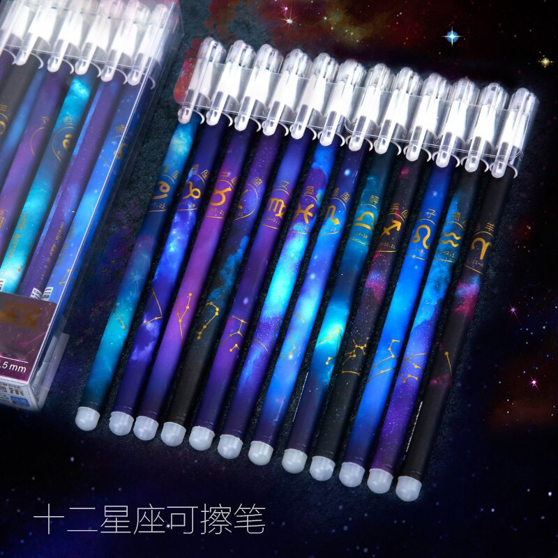 12 PCs/Boxed Moyi Erasable Gel Pen Ball Pen Magic Friction Pen 0.38 Black/Blue 0.5 Grinding Brush Student Pen