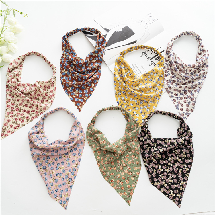European and American New Floral Square Scarf Female Elastic Ribbon Cross-Border Hot Selling Baotou Triangular Binder Hair Accessories Supply