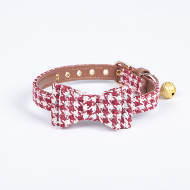 Factory Direct Supply Pet Collar Spot Houndstooth Bow Handle Triangular Binder Set Bell Collar Customization