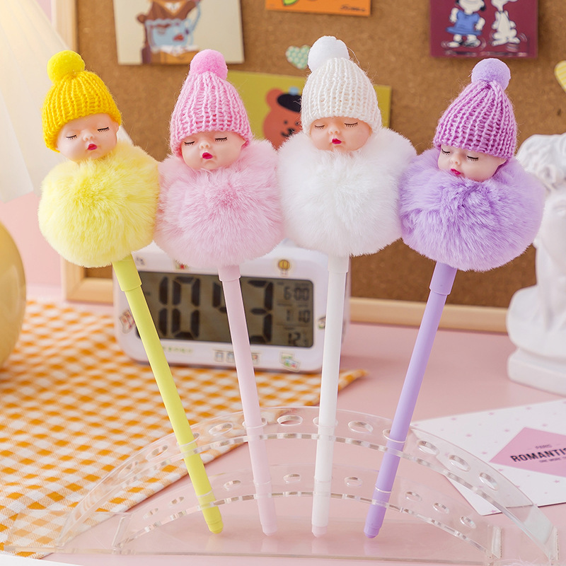 Internet Celebrity Isn Korean Style Sweet Cute Girl Heart Doll Head Fur Ball Gel Pen Student Creativity Water-Based Ballpoint Pen