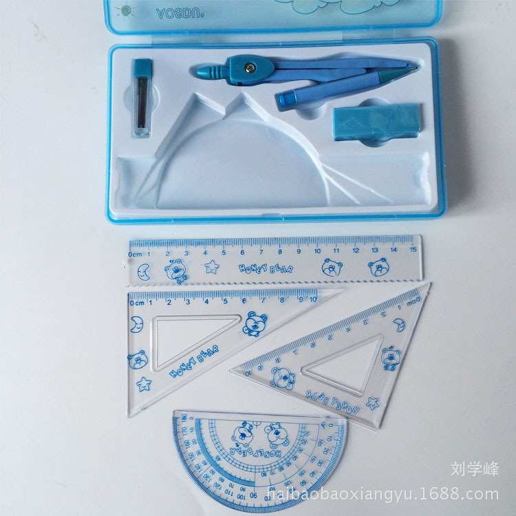 Wholesale Student Ruler Set Compass Ruler 7-Piece Geometric Drawing Tools Boxed Cartoon Compasses