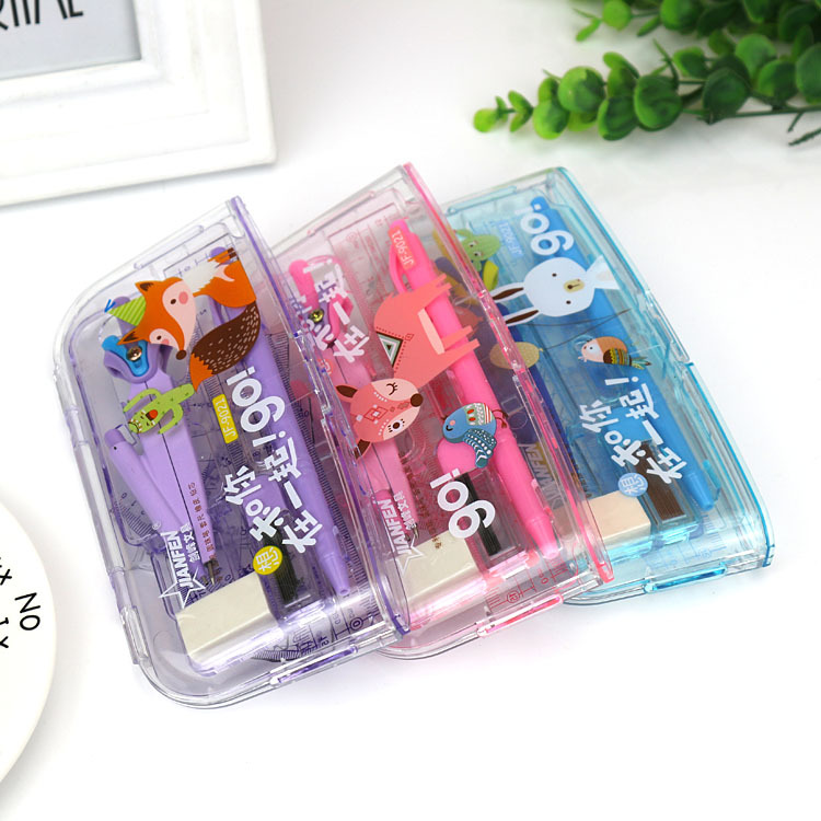 Primary and Secondary School Students Compasses plus Ruler Sets Stationery Combo 8 Sets Wholesale Plastic Painting Tool Propelling Pencil Exam