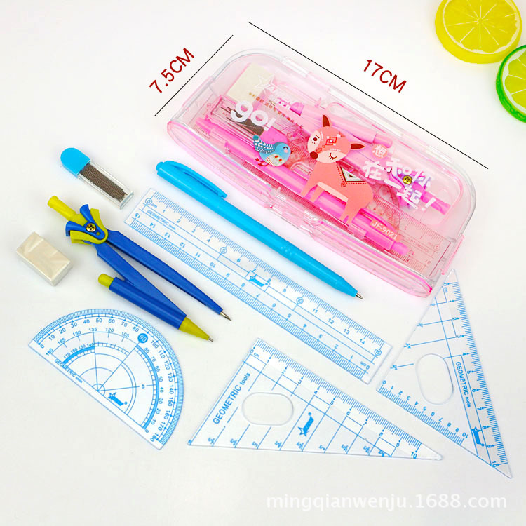 Primary and Secondary School Students Compasses plus Ruler Sets Stationery Combo 8 Sets Wholesale Plastic Painting Tool Propelling Pencil Exam