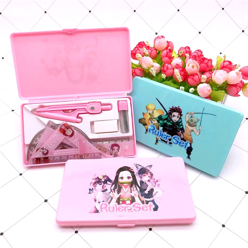 Anime Kimetsu No Yaiba Compasses Ruler Set Cartoon Student Studying Stationery Supplies Compasses Ruler Set Seven-Piece