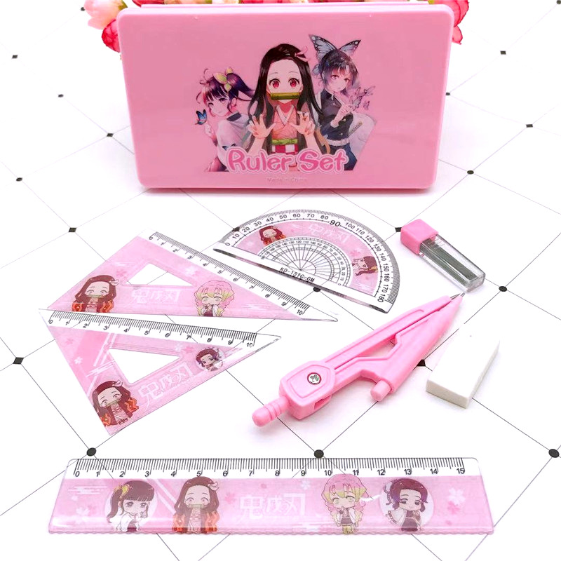 Anime Kimetsu No Yaiba Compasses Ruler Set Cartoon Student Studying Stationery Supplies Compasses Ruler Set Seven-Piece