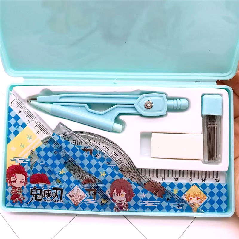 Anime Kimetsu No Yaiba Compasses Ruler Set Cartoon Student Studying Stationery Supplies Compasses Ruler Set Seven-Piece