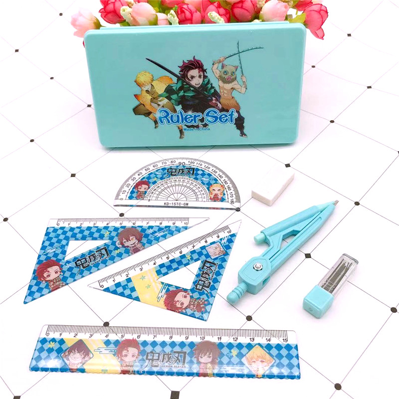 Anime Kimetsu No Yaiba Compasses Ruler Set Cartoon Student Studying Stationery Supplies Compasses Ruler Set Seven-Piece