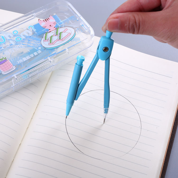 Student Stationery Cartoon Multifunctional Compasses Set Metal Compass Ruler 7-Piece Set Exam Drawing Tools