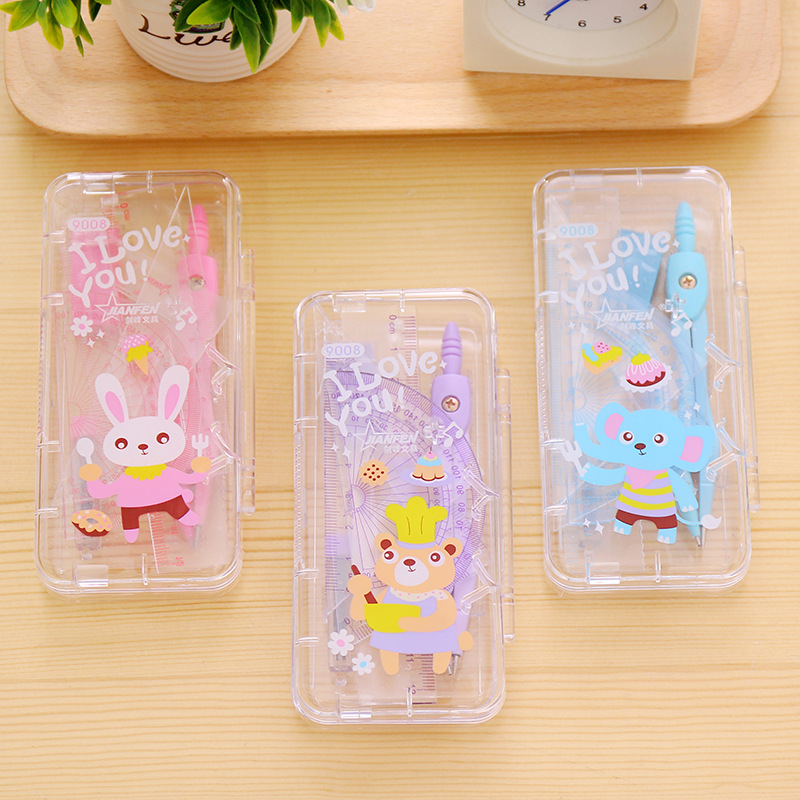 Classic Simple Compasses Ruler Set Fresh Children&#039;s Student Studying Stationery Supplies Drawing Measurement 7-Piece Set