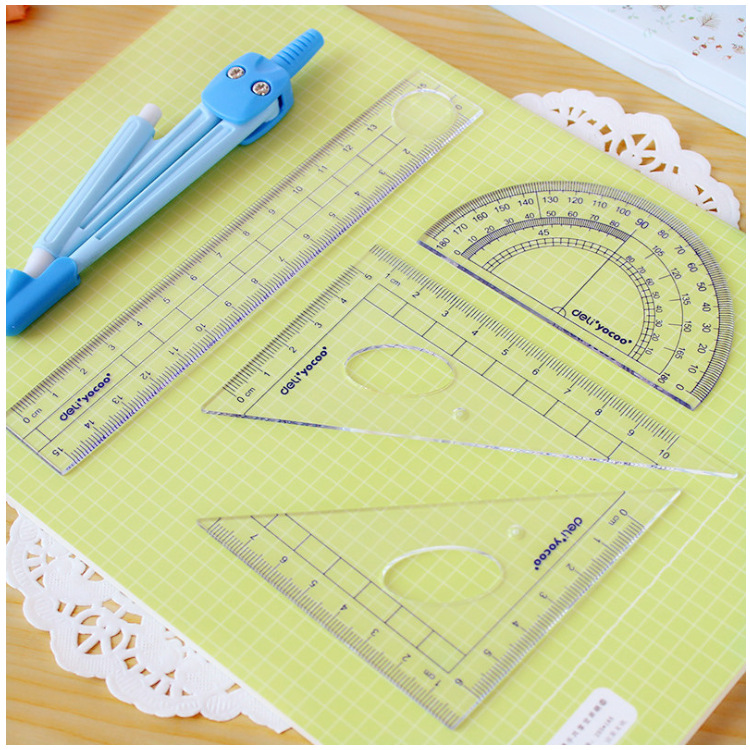 Deli 9598 Stationery Ruler Set Student Drawing Ruler Sets Ruler + Set Square + Protractor + Compasses