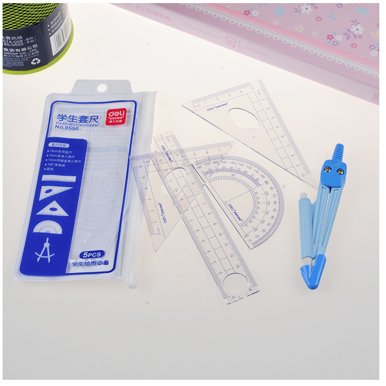 Deli 9598 Stationery Ruler Set Student Drawing Ruler Sets Ruler + Set Square + Protractor + Compasses