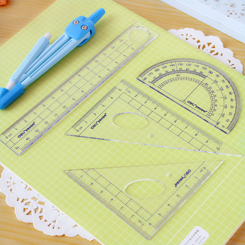 Deli 9598 Stationery Ruler Set Student Drawing Ruler Sets Ruler + Set Square + Protractor + Compasses