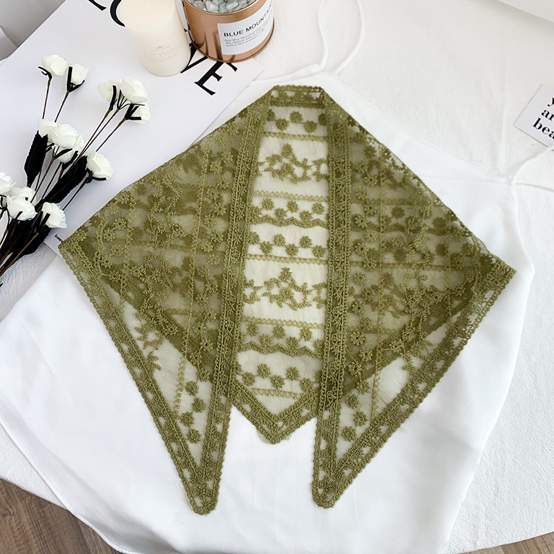 Silk Scarf Artistic Mesh Hollow Lace Triangular Binder Korean Style Fashionable Outerwear Knotted Silk Scarf Embroidered Scarf Headscarf
