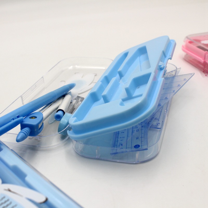 Wholesale Compasses Ruler Set Double-Layer Plastic Boxed Compasses 7-Piece Set Student Geometry Drawing Suit Stationery