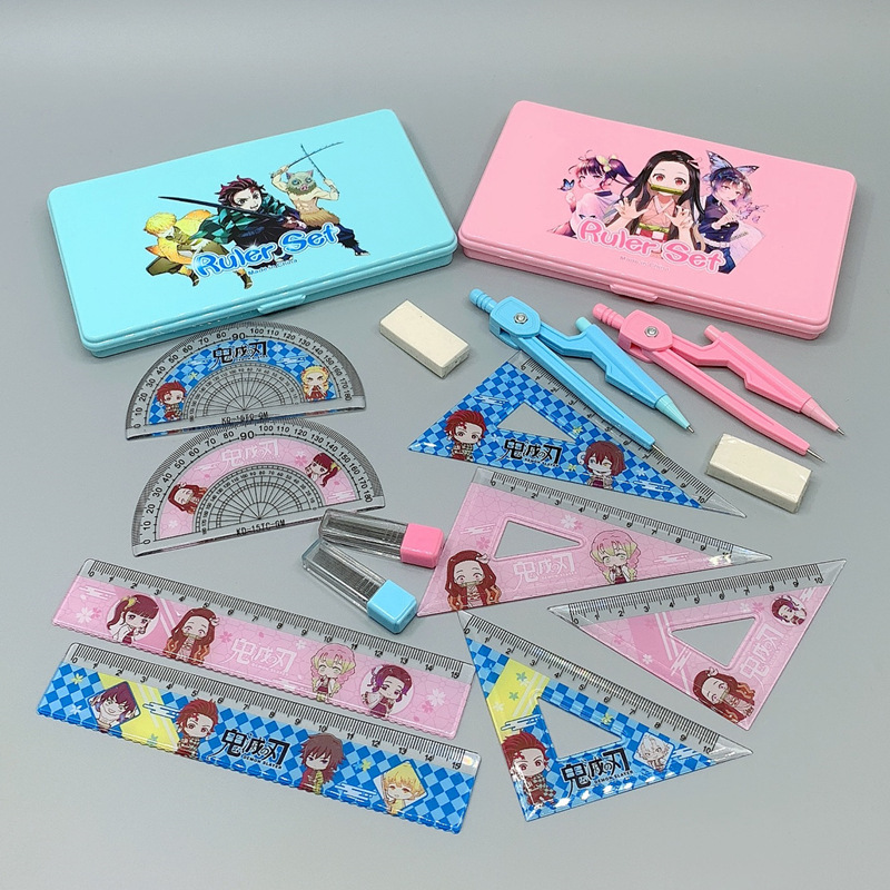 Anime Peripheral Cartoon Student Drawing Stationery Ruler Set Combination Kimetsu No Yaiba Compasses Ruler Set