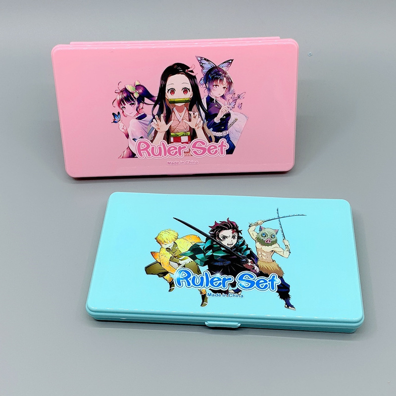 Anime Peripheral Cartoon Student Drawing Stationery Ruler Set Combination Kimetsu No Yaiba Compasses Ruler Set