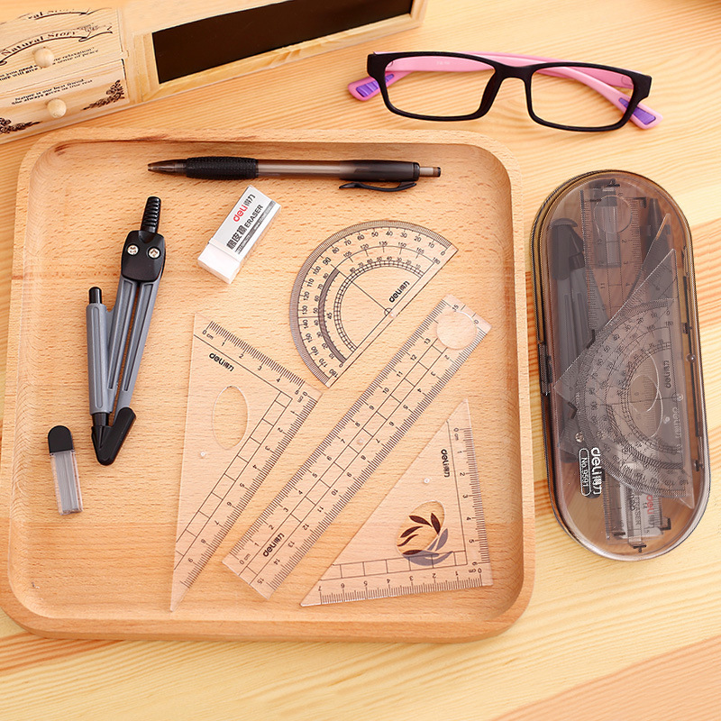 Deli Drawing Suit 8-Piece Set Compasses Ruler Protractor 9591 Set Student Stationery Ruler Set Drawing Tools