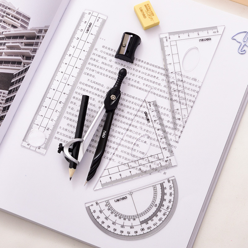 Deli 72151 Compasses Professional Drawing Drafting Design Tools Student Exam Stationery Compasses Set Ruler Set