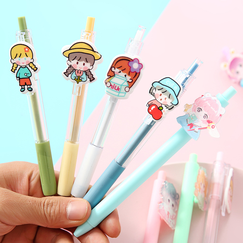 Cartoon Patch Pressing Pen Set Cute Girl Beating 5 Pack Gel Pen Student Writing Signature Ball Pen