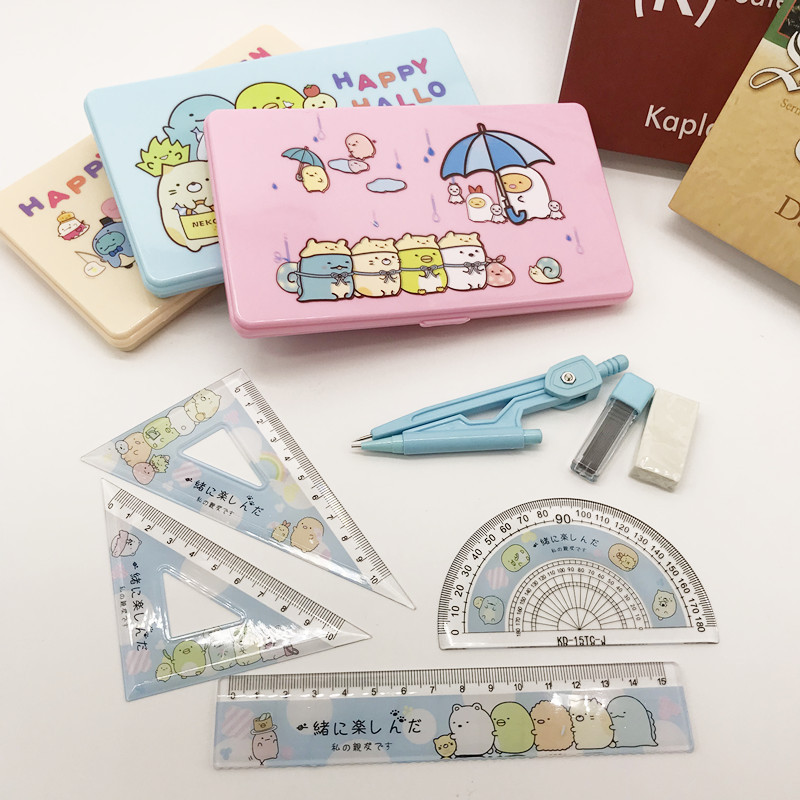 Corner Compasses Ruler Set Cartoon Student Studying Stationery Supplies Biological Compasses Ruler Set Eight-Piece Set Combination