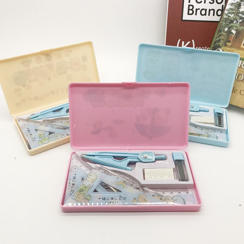 Corner Compasses Ruler Set Cartoon Student Studying Stationery Supplies Biological Compasses Ruler Set Eight-Piece Set Combination