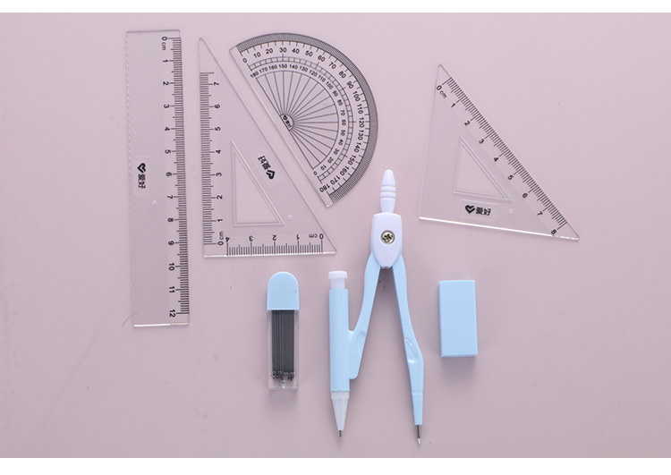 Cartoon Cute Bear Compasses 7-Piece Set Student Professional Drawing Ruler Protractor Mechanical Pencil Lead Wholesale