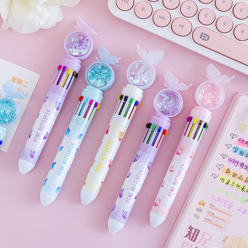 Cartoon Butterfly Ten-Color Ballpoint Pen Student Multi-Color Press Oil Pen Multi-Function 10-Color Stationery Journal Ball Pen