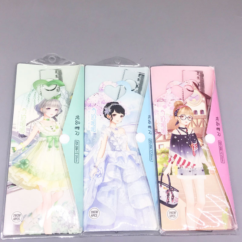 Cartoon Ruler Sets 20cm Ruler Student Ruler Four-Piece Set Compasses Triangular Plate Ruler Stationery Set Transparent Wholesale